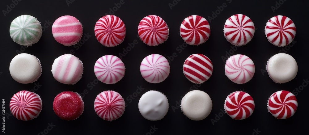 Poster peppermints arranged in a decorative pattern on a black background showcasing various colors and des