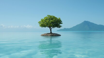 Lone tree surrounded by tranquil water tropical island nature serene environment aerial view solitude concept