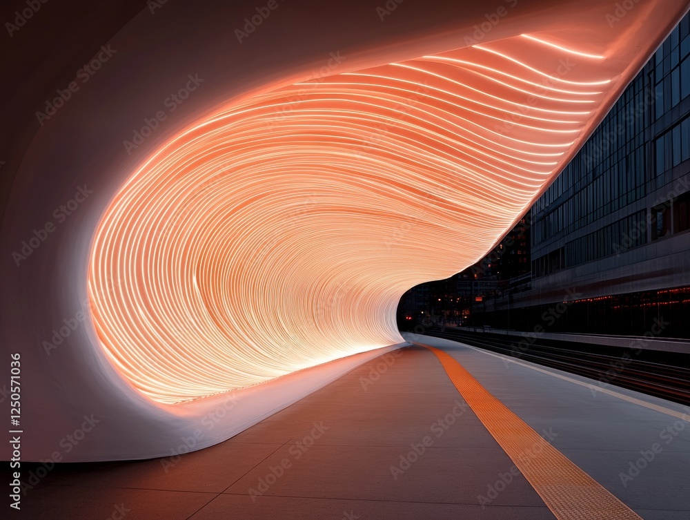 Poster Dynamic Urban Transit Imagery Curved Subway Tunnel with Speed Line Effects and Illuminated Walls - Futuristic Transportation Design for Modern Mobility Advertising and City Infrastructure Innovation
