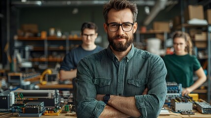 Portrait of a focused bearded man in a workshop environment overseeing a technical project with his team of coworkers  The image conveys a sense of professionalism expertise