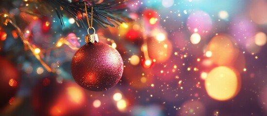 Merry Christmas typography over a blurred festive background with colorful lights and decorations creating a joyful holiday atmosphere