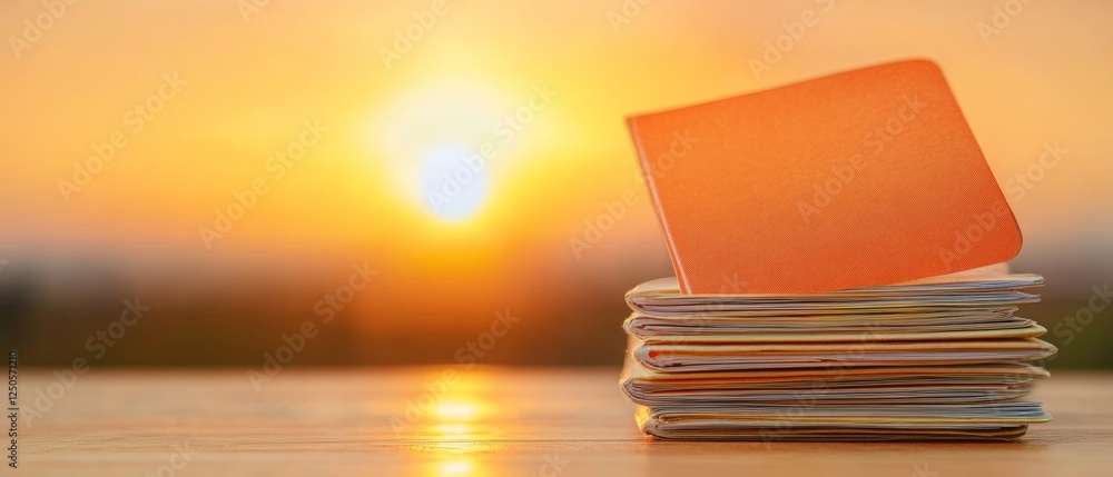 Aufkleber Sunset Documentation Display Assorted Paper Folders on Wooden Surface - Administrative Workflow Visualization and Modern Business Efficiency Enhancement