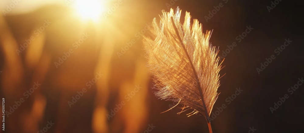 Poster glowing dandelion seed head illuminated by sunlight with soft focus background and natural blank spa