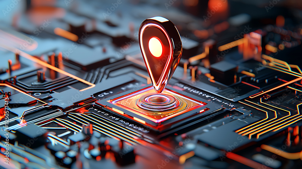 Poster tech-driven location tracking system digital circuitry graphic representation futuristic environment