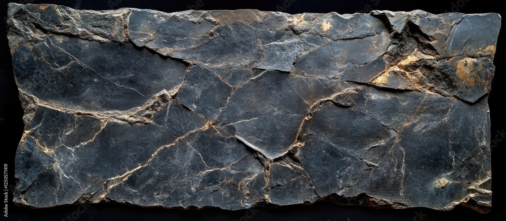 Poster macro close-up of an aged black slate slab showcasing intricate natural cracks and textures in a rug