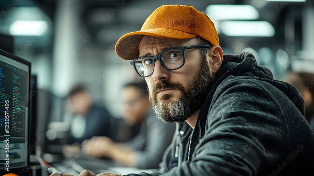 Poster serious bearded software developer intensely focused on computer screen while working at desk in sta