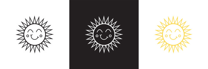 Funny sun with face icon . Summer sunshine emoji icon. Smiling sun sign business concept. isolated on white and black background. vector illustration. EPS 10