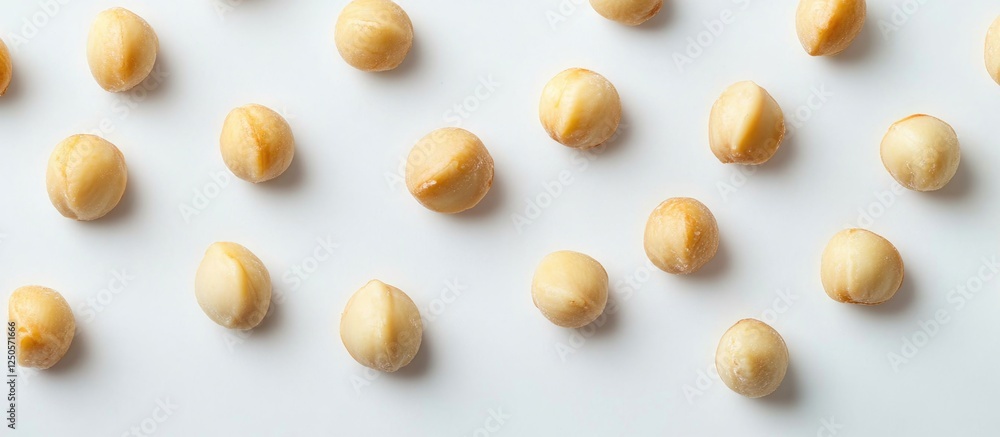 Poster macadamia nuts displayed on a white background highlighting their texture and color for culinary or 
