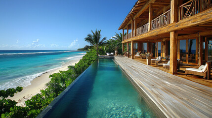 Fototapeta premium Infinity pool overlooking tropical beach at luxury wooden villa