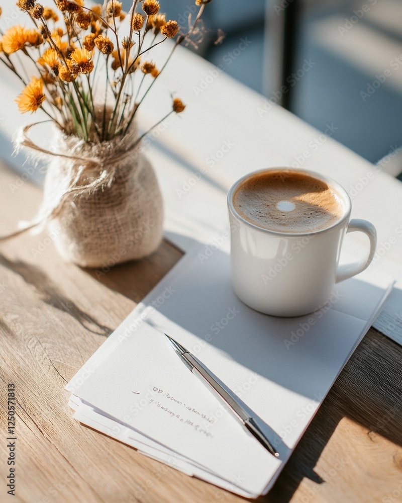 Aufkleber sunlit scandinavian workspace minimalist white notebook and cozy coffee moment on rustic wood - mode