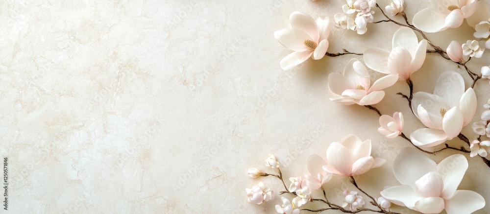 Poster pastel magnolia flowers on a soft background with ample space for text ideal for invitations or gree