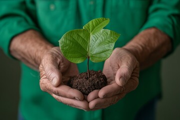 Eco-Conscious Reforestation Volunteering Elderly Hands Cradling Sapling and Soil in Lush Green Surroundings - Sustainability Education and Green Initiative Branding