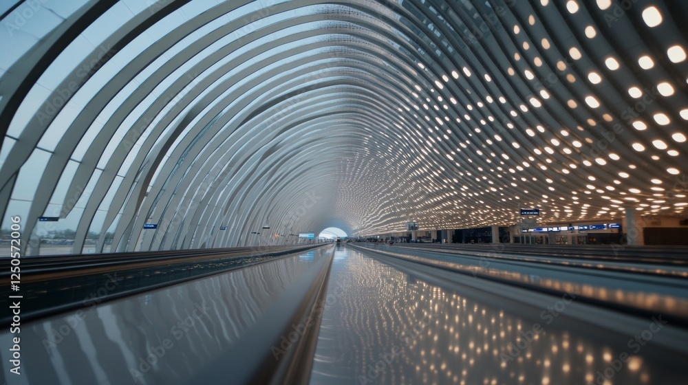 Poster futuristic airport terminal design curved steel ceiling and led illumination enhancing passenger flo
