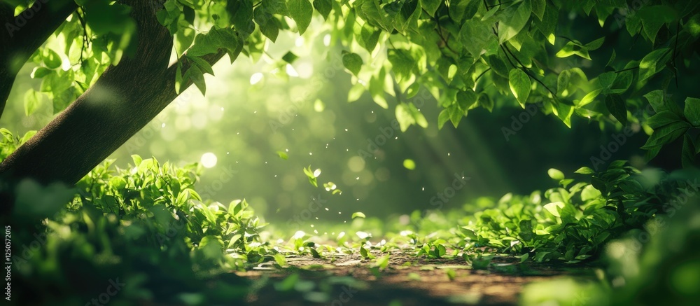 Poster sunlight filtering through lush green leaves and branches creating a serene natural atmosphere in a 