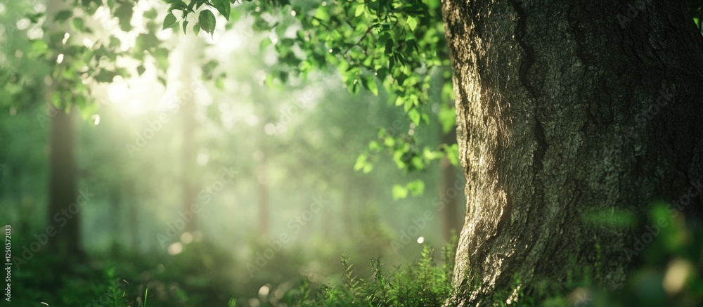 Aufkleber majestic tree trunk in a serene forest with soft sunlight filtering through lush green leaves creati