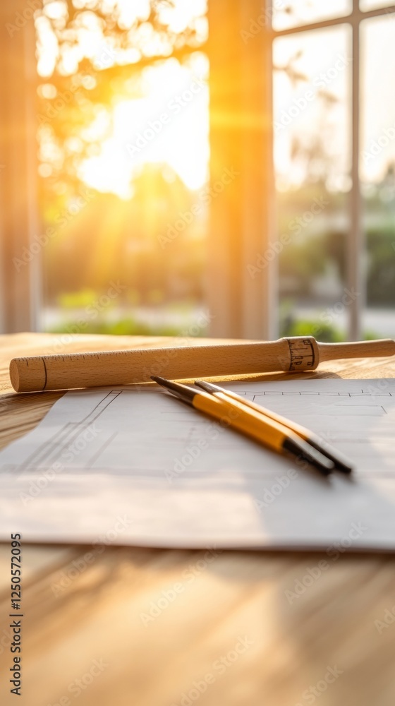 Poster sunlit minimalist workspace architectural blueprint layout with wooden tools - modern design and con