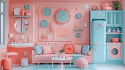 Cozy and Modern Living Room with Pink and Blue Color Palette
