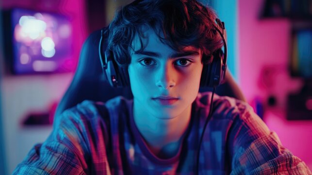 Teenage male gamer focused on online shooter games in a neon-lit room with vibrant pink and blue lighting wearing a gaming headset.