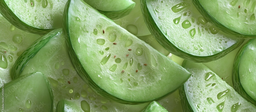 Poster fresh green melon slices arranged in a visually appealing background showcasing natural textures and