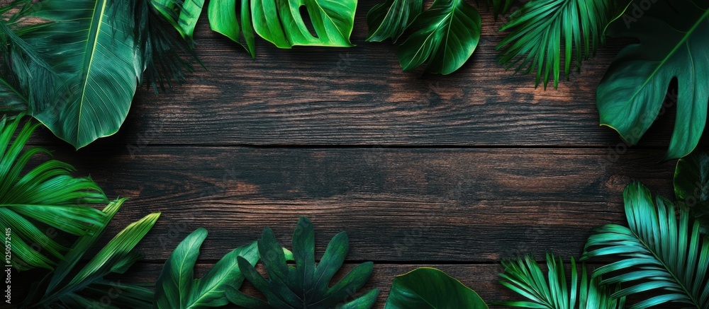 Poster tropical leaf border mockup on rustic wooden background with empty space for text or design elements