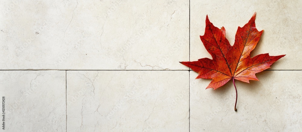 Poster autumn maple leaf on traditional tile background with ample empty space for text or design elements.