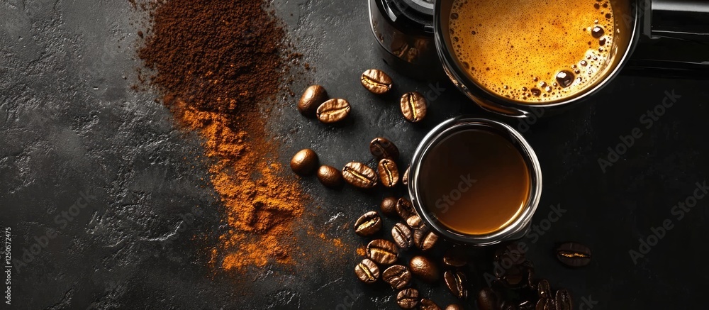 Poster creating delicious espresso coffee with modern machine showing grounds and beans on dark surface ide