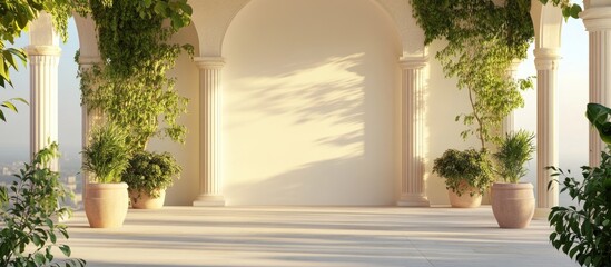 Mediterranean Terrace with Lush Greenery and Blank Wall Space for Text and Designs