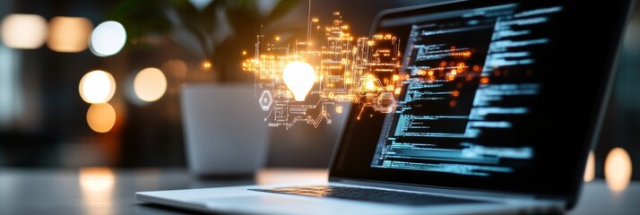 Futuristic Tech Aesthetics Holographic Business Icons over Tablet in Minimalist Workspace - Digital Transformation and Automation for Modern Enterprises