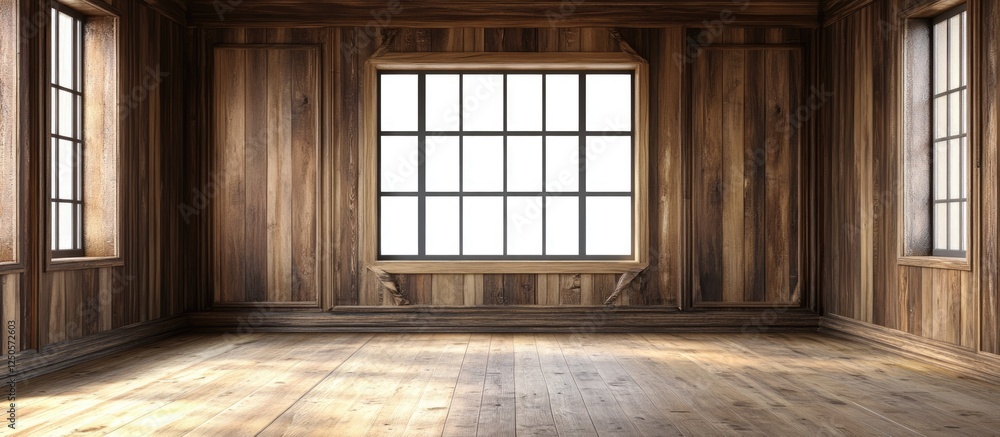 Poster elegant wooden storage room featuring large windows and ample blank space for custom text or design 