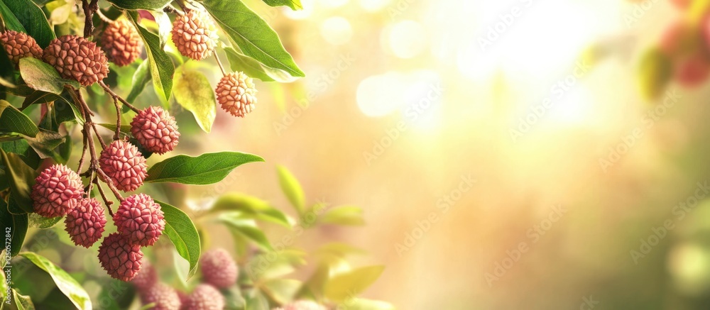 Poster lychee and mulberry fruits on tree branches in a serene evening garden setting with soft sunlight an