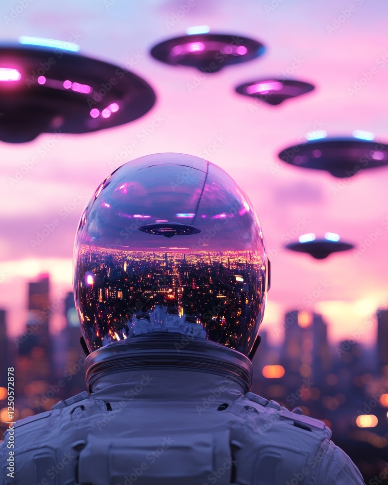 Poster neon soaked sci-fi cityscape retro futurism in space-age textures with flying saucers and cosmonaut 