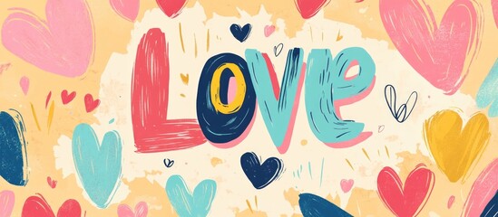Colorful love word design with hearts and cheerful patterns ideal for romantic themes and celebrations.