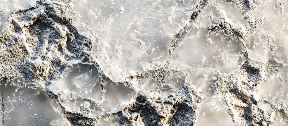 Poster melting ice forming intricate patterns on rough concrete surface close-up