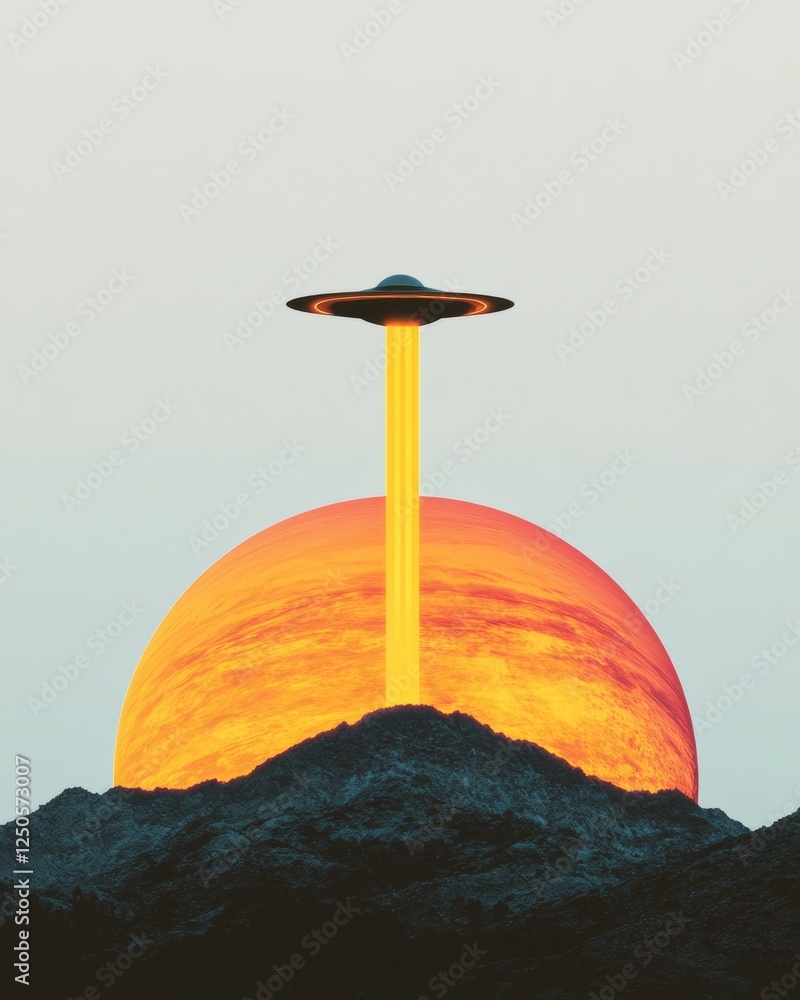 Poster neon alien landscape poster minimalist sci-fi aesthetic with glowing planet and spaceship - futurist