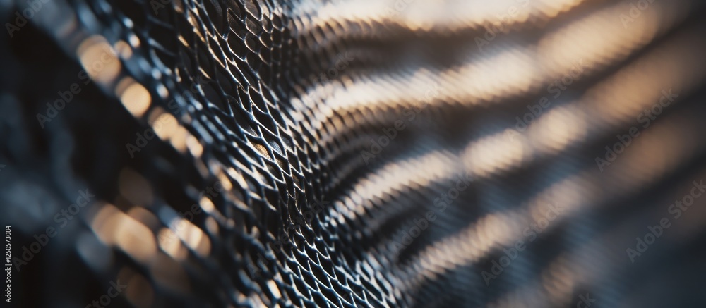 Poster metal fence with intricate mesh texture reflecting light, showcasing an abstract pattern in industri