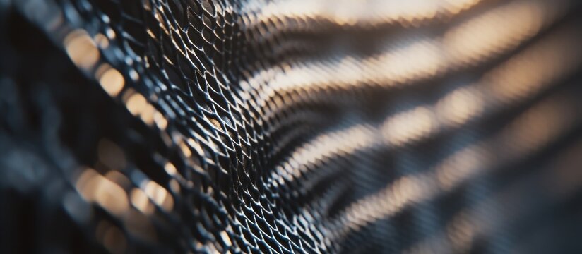 Metal fence with intricate mesh texture reflecting light, showcasing an abstract pattern in industrial design and architectural elements.