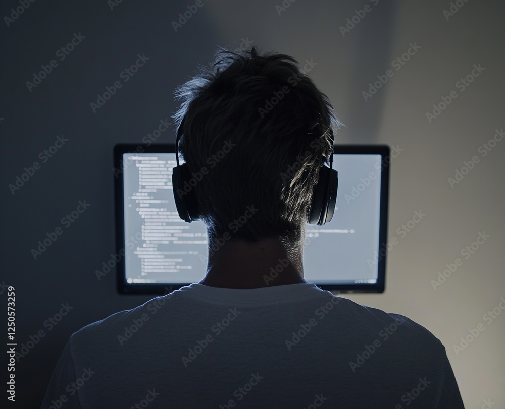 Poster programmer codes late at night, focusing on screen with headphones, deep in concentration