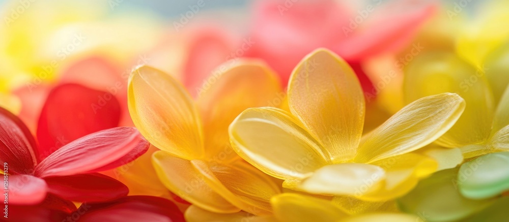 Poster soft focus macro image of delicate yellow and red flower petals creating a vibrant abstract backgrou