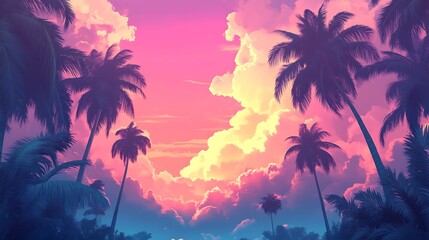 Obraz premium Vibrant Sunset Sky Over Lush Tropical Palm Trees
