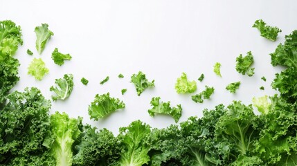 Obraz premium Fresh kale leaves scattered on white. Perfect for healthy eating, recipes, or vegan blogs.