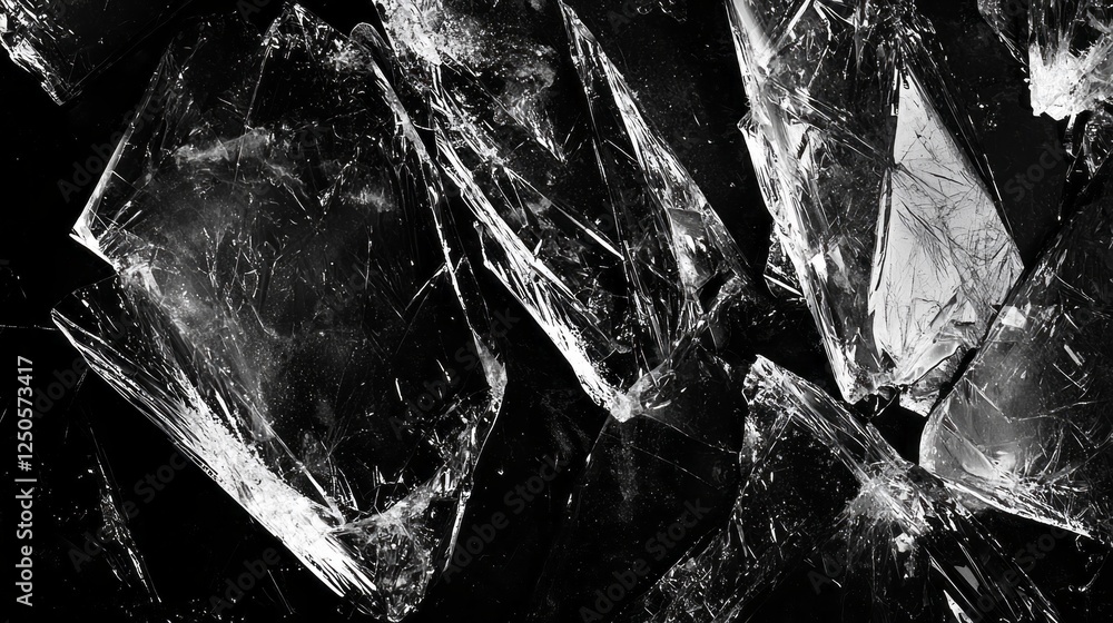Poster Fragmented shards of broken glass display sharp edges and delicate textures against a deep black backdrop, evoking a sense of beauty in destruction and chaos