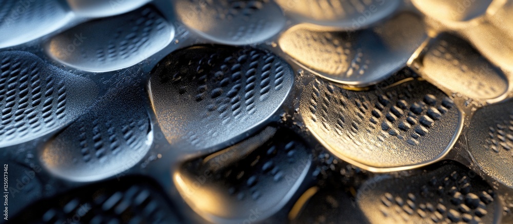 Poster textured metallic background with reflections and abstract patterns in blue and gold tones