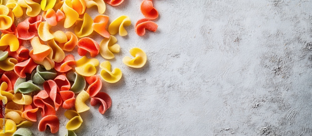 Poster colorful macaroni pasta arranged on a textured gray background creating a vibrant and appetizing cul