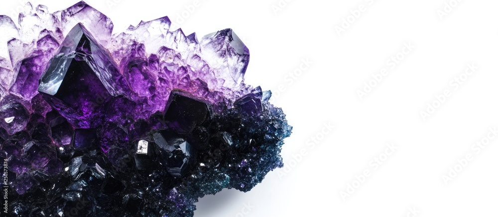 Poster macro close up of black violet neon crystal quartz geode slice gemstone carved stone object isolated