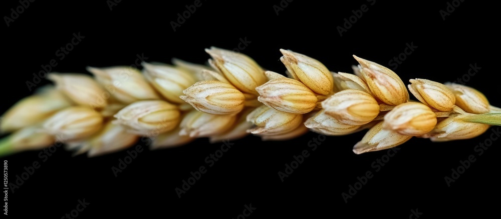 Poster macro focused image of stone wheat grains against black background with space for text or graphic de
