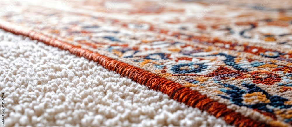 Poster traditional machine-made carpet with intricate patterns displayed diagonally on a soft white backgro
