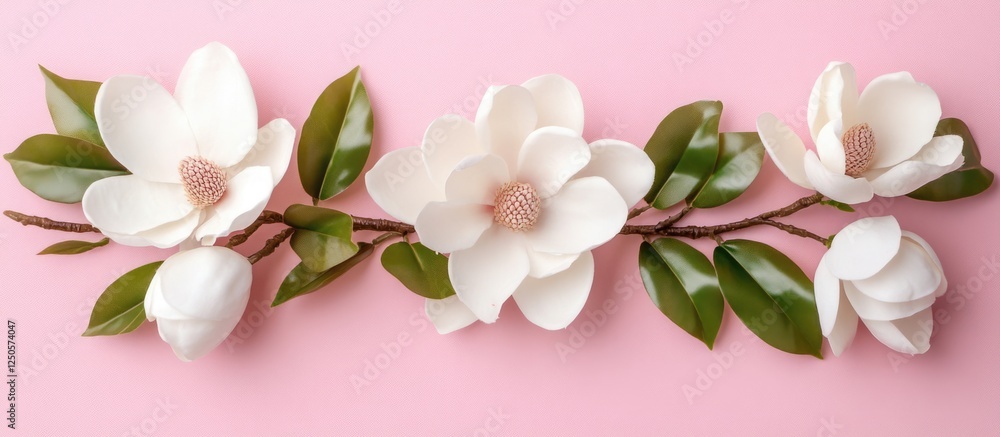 Poster magnolia flower branch on pink background minimalist flat lay composition with space for text or des