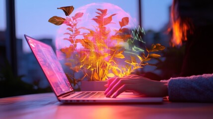 Tech-Enhanced Workspace Diverse Indian Team with Interactive Holographic Projections and Laptops in Bright Office - AI Collaboration and Innovative Startup Solutions