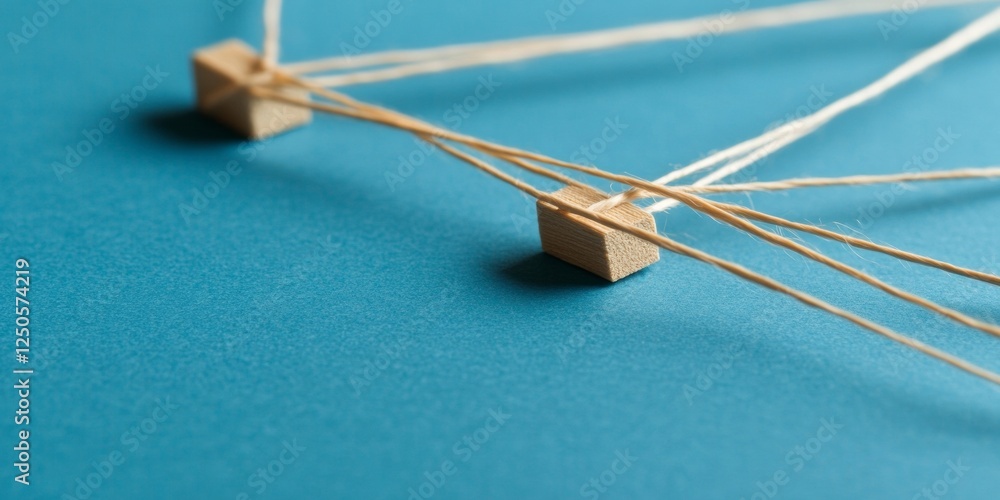 Leinwandbilder Contemporary Network Diagram Display Wooden Blocks with String on Blue Surface - Innovative Systems Content for Tech and Design Industries, Enhancing Interconnected Solutions