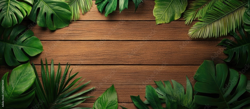 Aufkleber tropical leaf frame mockup on rustic wooden background with blank space for text or design elements.